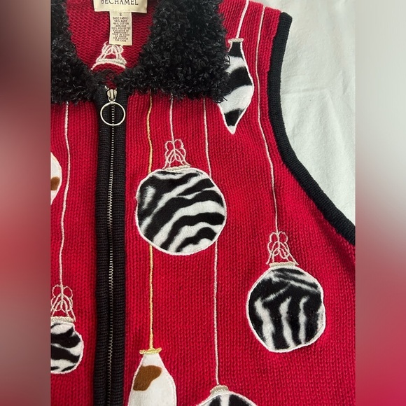 Vintage BECHAMEL black red zebra leopard Christmas ornaments holiday vest Sz S - Picture 5 of 9